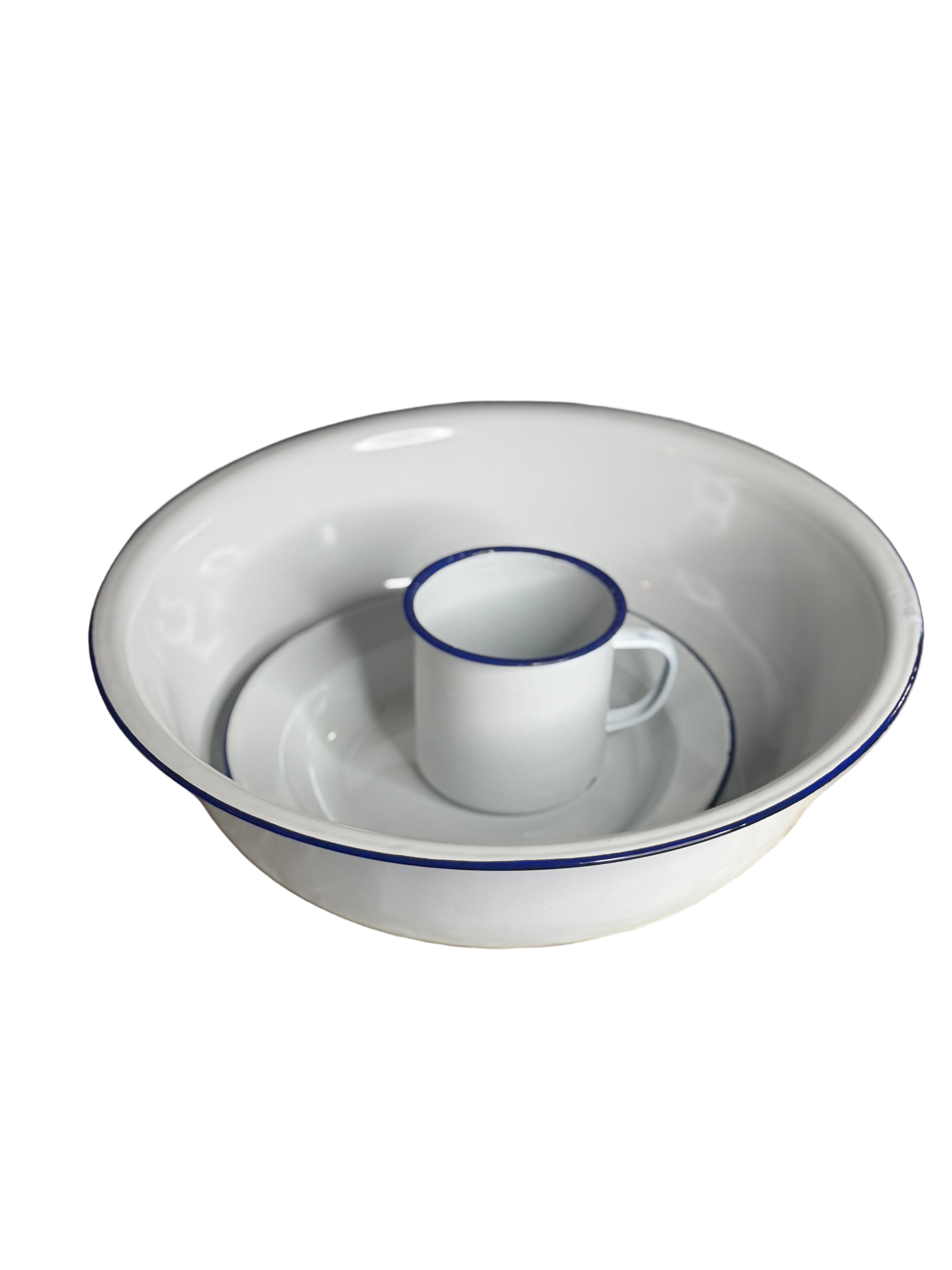 Asyèt Blan Larj Emaye Enamel Plate 26cm - White Enamel Dinnerware with Blue Rim for Ritual Spiritual For Everyday Use