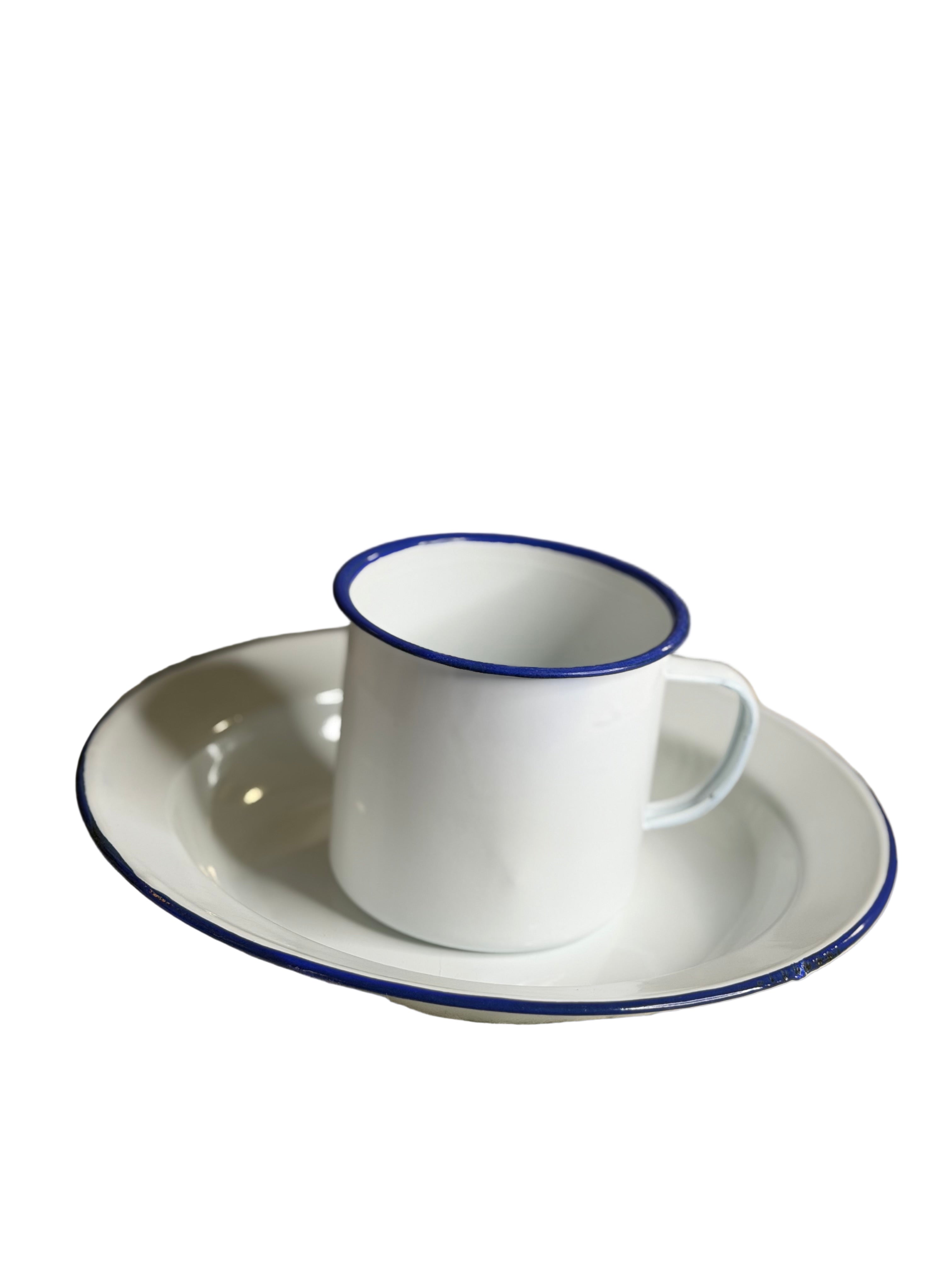 Asyèt Blan Larj Emaye Enamel Plate 26cm - White Enamel Dinnerware with Blue Rim for Ritual Spiritual For Everyday Use