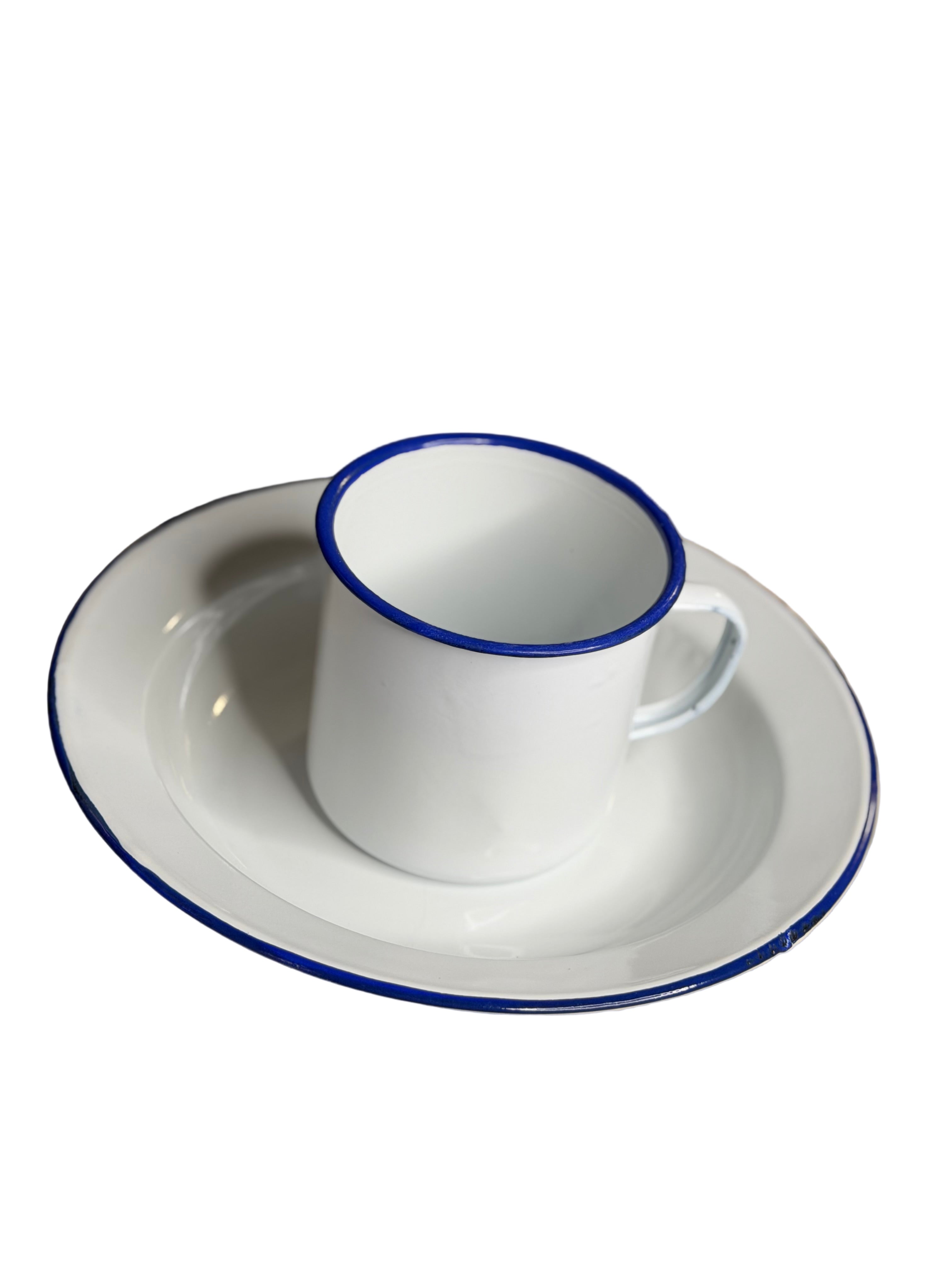 Gode Blan Emaye Sakre Enamel Mug For Coffee Water And Spiritual Rituals Blue Rim White Body