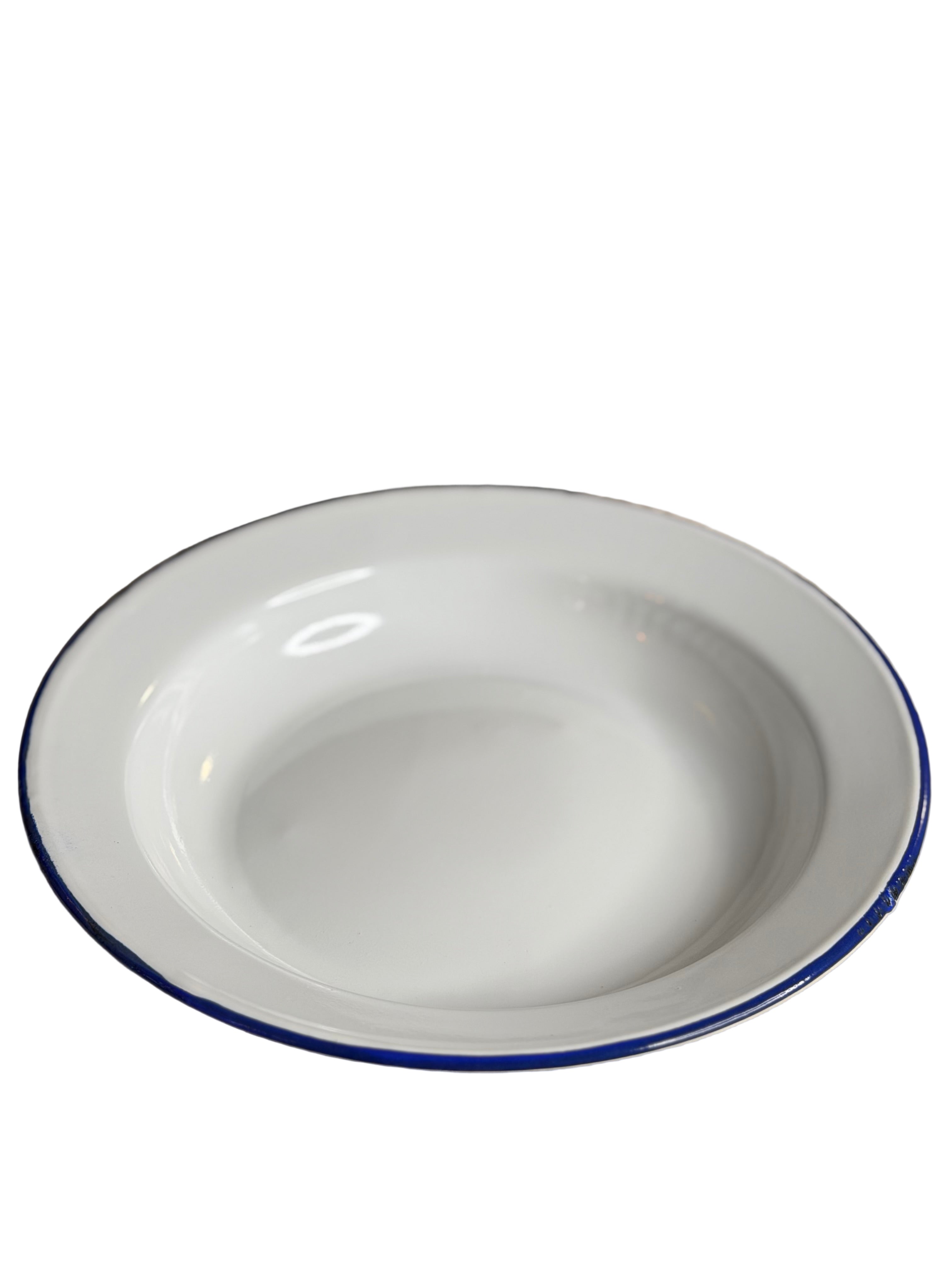 Asyèt Blan Larj Emaye Enamel Plate 26cm - White Enamel Dinnerware with Blue Rim for Ritual Spiritual For Everyday Use
