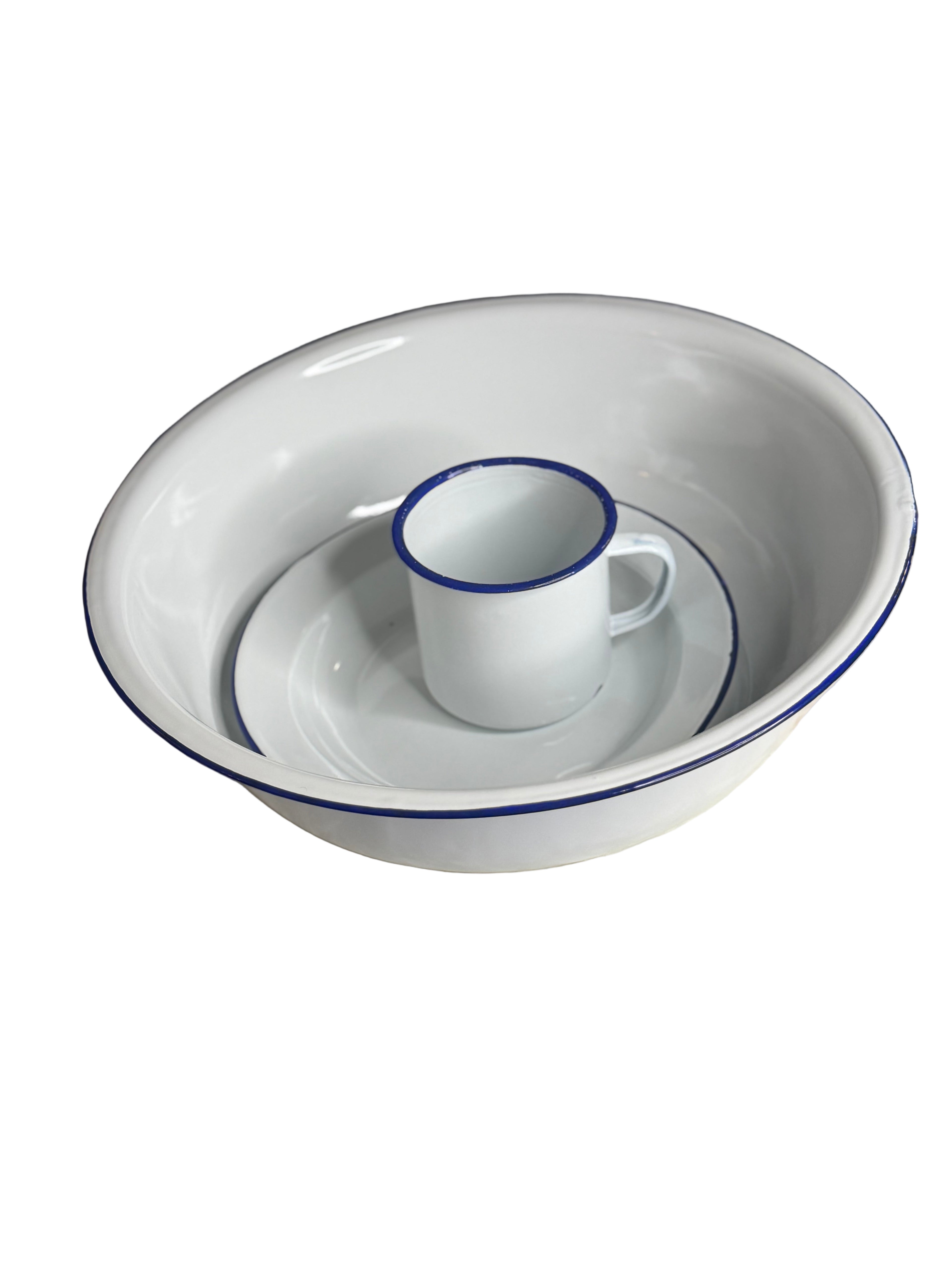 Gode Blan Emaye Sakre Enamel Mug For Coffee Water And Spiritual Rituals Blue Rim White Body