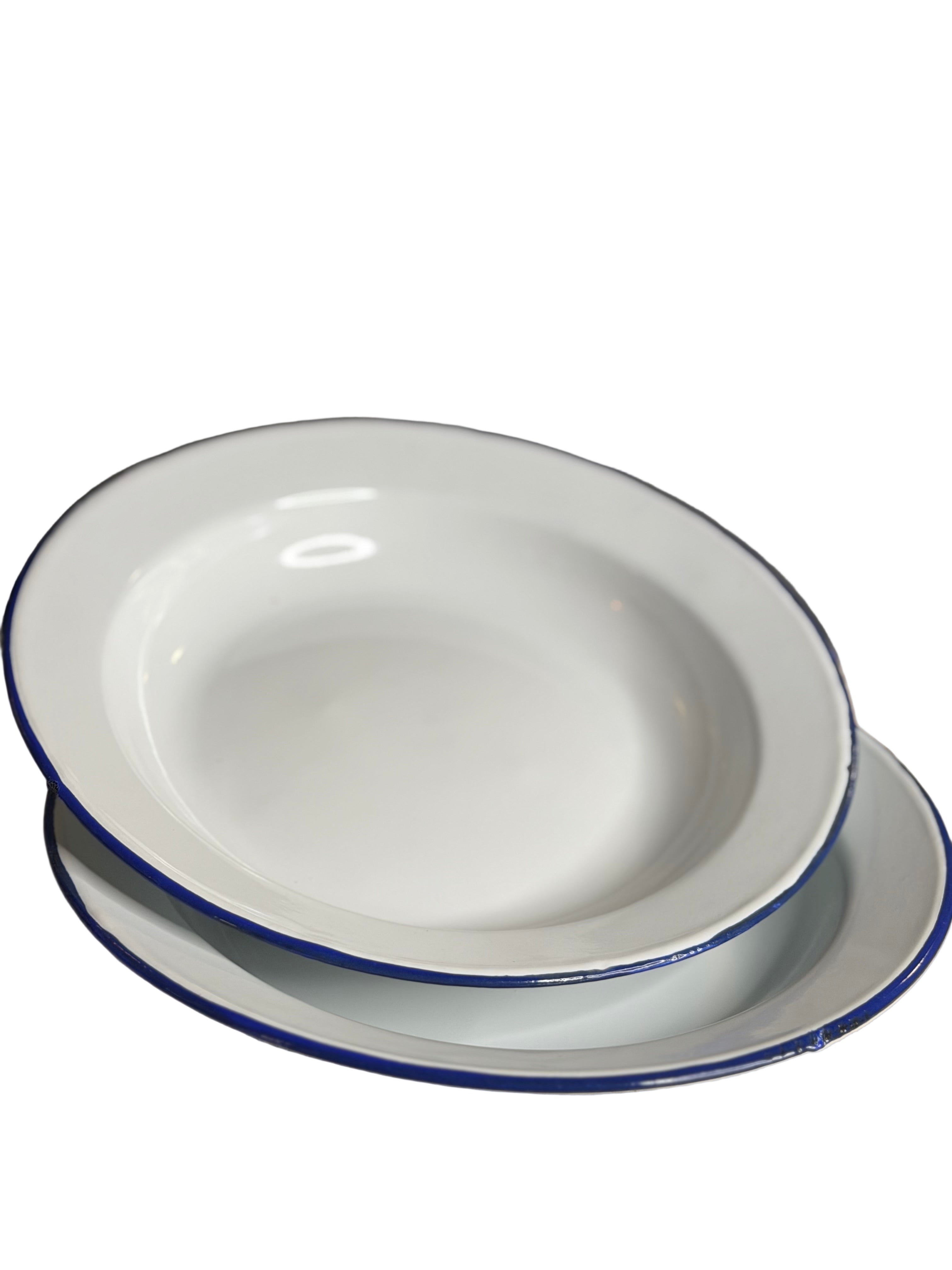 Asyèt Blan Larj Emaye Enamel Plate 26cm - White Enamel Dinnerware with Blue Rim for Ritual Spiritual For Everyday Use